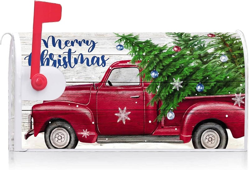 Texupday Merry Christmas Red Truck Pine Tree Decoration Mailbox Cover With Magnetic Strip Winter Snowy Holiday Mailbox Wraps Post Letter Box Cover Standard Size 21" X 18" for Garden Outdoor Yard Decor - Image 2